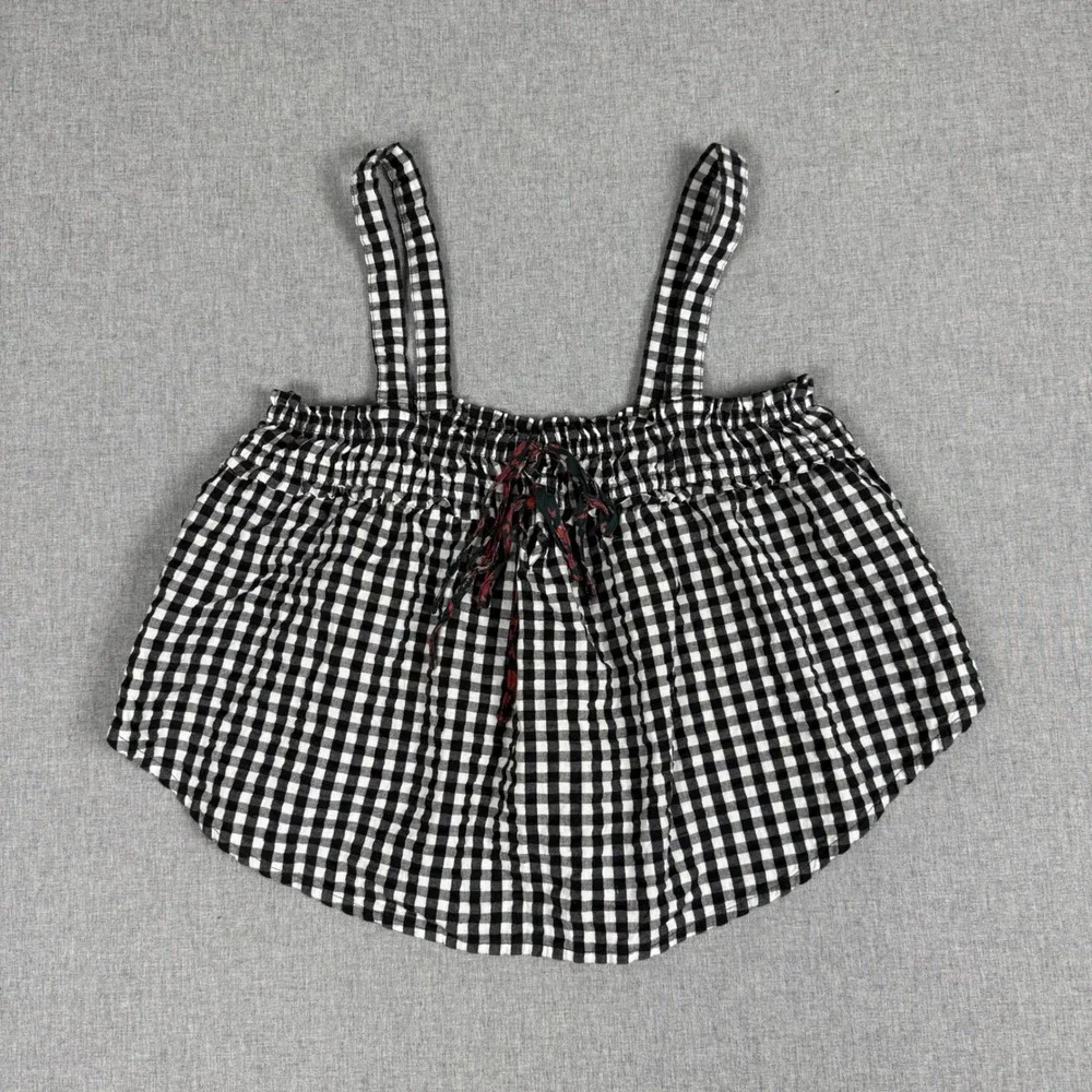 Free People Black White Gingham Babydoll Cami Tank Top XS Boho Cropped Tie Front